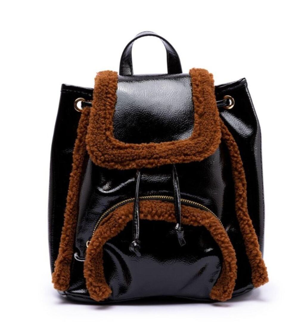 SKINNYDIP LONDON Women's Black & Brown "Scarlett" Small Fluff Trim Backpack